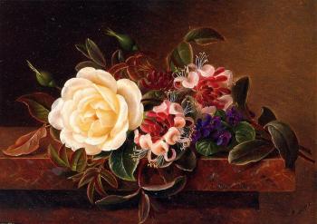 約翰 勞倫茨 延森 Still Life with a Rose and Violets on a Marble Ledge